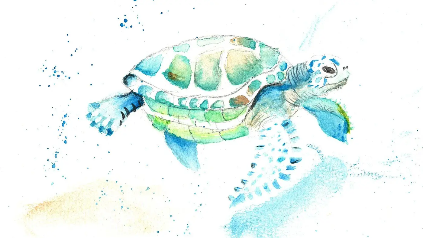 Watercolor painting by the artist of a sea turtle swimming among blue paint splatters