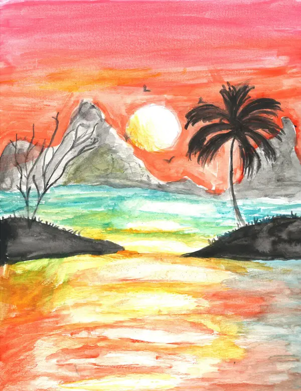 Island Sunset, a watercolor by a young artist