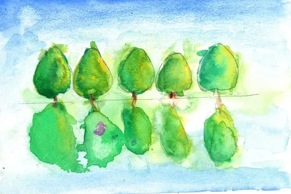 Trees by the Lake, a watercolor by a young artist